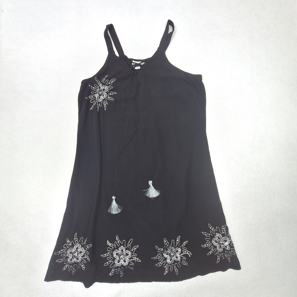 Raya Sun Mini Dress‎ Womens XL Black Sun Embroidered Tassel Boho Celestial